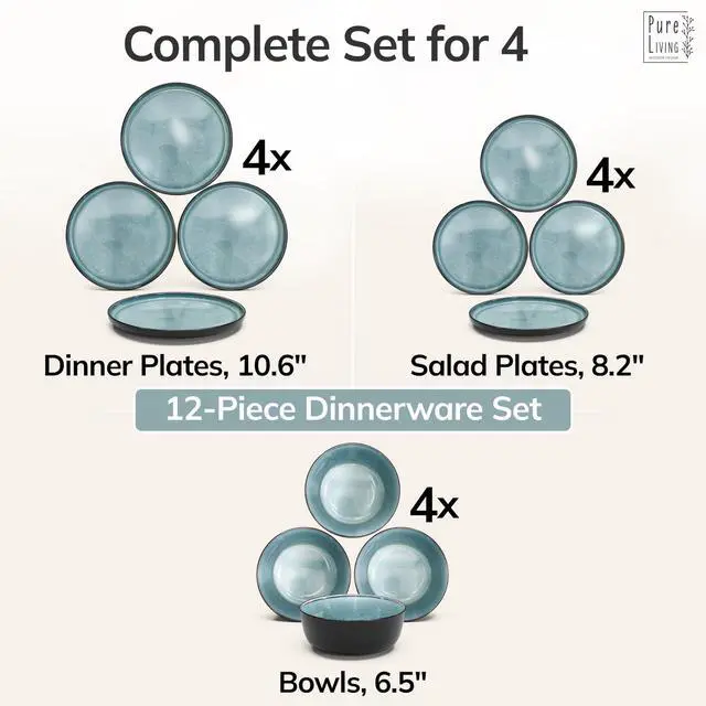 Alt view image 6 of 7 - Stoneware Dinnerware Set for 4, 12 Piece Plates and Bowls Set - Handmade Reactive Glaze, Chip & Scratch Resistant Sets - Dishwasher Microwave Safe, Modern Kitchen Dinner Service in Dark Petrol Blue