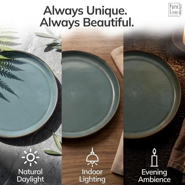 Alt view image 7 of 7 - Stoneware Dinnerware Set for 4, 12 Piece Plates and Bowls Set - Handmade Reactive Glaze, Chip & Scratch Resistant Sets - Dishwasher Microwave Safe, Modern Kitchen Dinner Service in Dark Petrol Blue