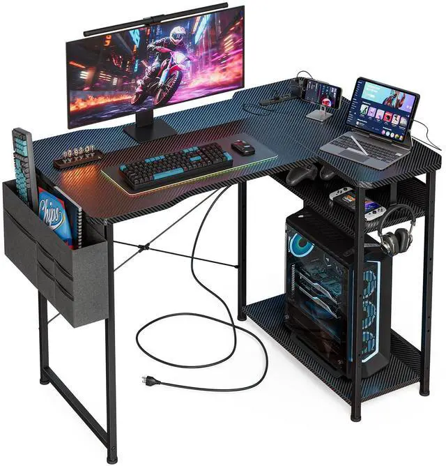 Main image of Acrolix Small Gaming Desk with Power Outlets, 40 Inch L Shaped Desks with Reversible Shelves and Storage Bag,Computer Desk Corner Desk PC Desk for Gaming and Home Office Table,Black