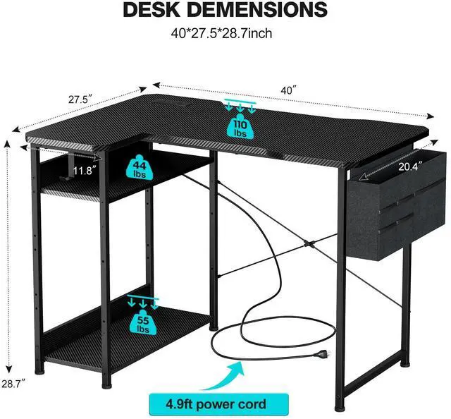Alt view image 3 of 7 - Acrolix Small Gaming Desk with Power Outlets, 40 Inch L Shaped Desks with Reversible Shelves and Storage Bag,Computer Desk Corner Desk PC Desk for Gaming and Home Office Table,Black