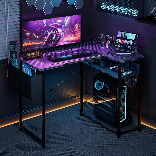 Alt view image 7 of 7 - Acrolix Small Gaming Desk with Power Outlets, 40 Inch L Shaped Desks with Reversible Shelves and Storage Bag,Computer Desk Corner Desk PC Desk for Gaming and Home Office Table,Black