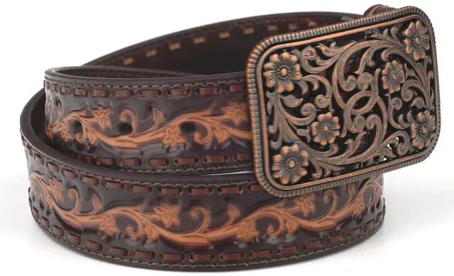 Alt view image 2 of 6 - ARIAT Women's Floral Embossed Leather Belt with Ornate Copper Buckle, Chocolate, Large