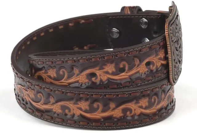 Alt view image 3 of 6 - ARIAT Women's Floral Embossed Leather Belt with Ornate Copper Buckle, Chocolate, Large