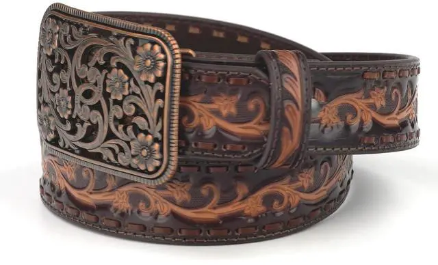 Alt view image 6 of 6 - ARIAT Women's Floral Embossed Leather Belt with Ornate Copper Buckle, Chocolate, Large