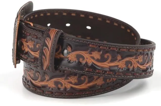 Alt view image 5 of 6 - ARIAT Women's Floral Embossed Leather Belt with Ornate Copper Buckle, Chocolate, Large