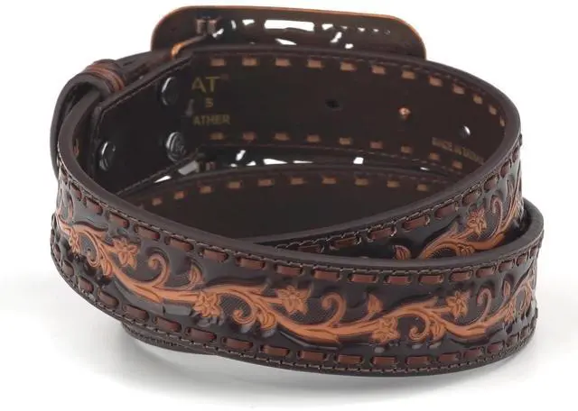 Alt view image 4 of 6 - ARIAT Women's Floral Embossed Leather Belt with Ornate Copper Buckle, Chocolate, Large
