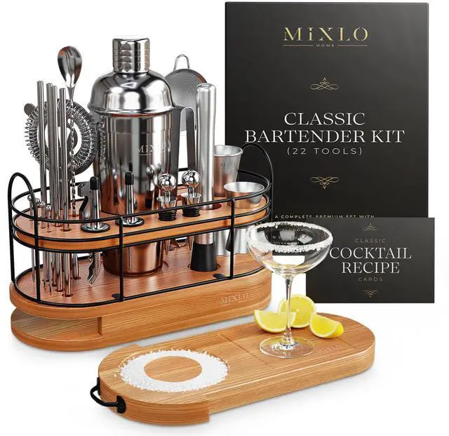 Main image of MIXLO HOME Mixology Bartender Kit - 22Pcs Bar Set Cocktail Shaker Set w Brown Bar Cart Accessories Stand - Shakers Bartending Silver Tools, 24oz Shaker, 17 Recipe Cards, Martini Barware