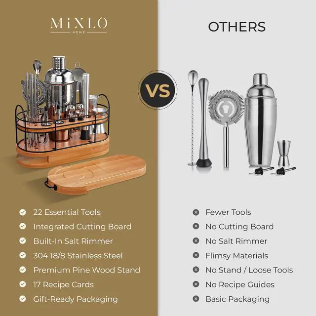 Alt view image 5 of 7 - MIXLO HOME Mixology Bartender Kit - 22Pcs Bar Set Cocktail Shaker Set w Brown Bar Cart Accessories Stand - Shakers Bartending Silver Tools, 24oz Shaker, 17 Recipe Cards, Martini Barware