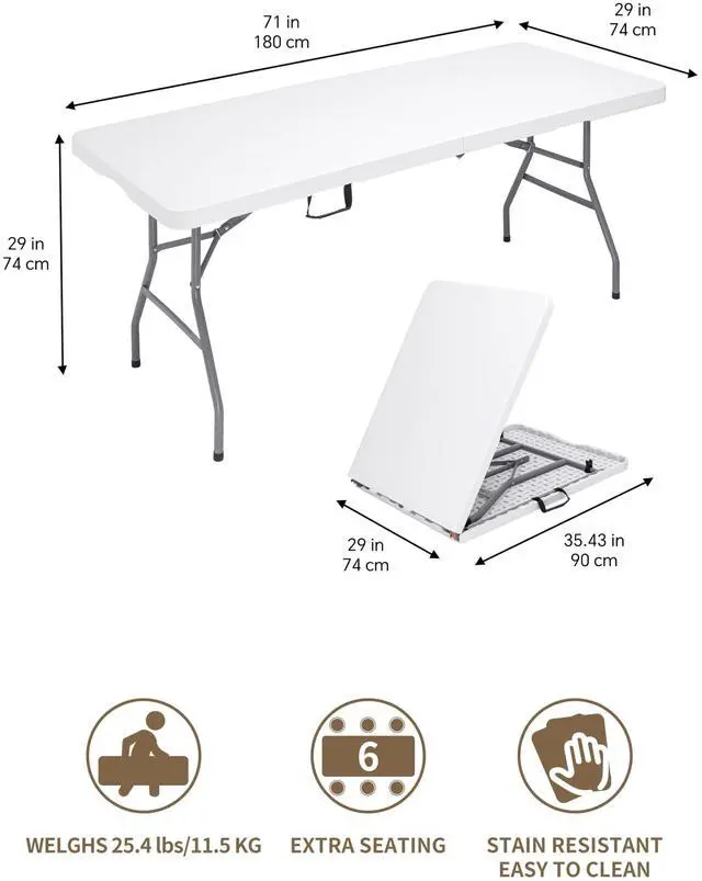 Alt view image 2 of 7 - CHRONELLE 6FT Folding Camping Table Portable 350lbs, 6 Foot Folding Picnic Card Table for Outdoor, Plastic Rectangular Dining Work Tables for Indoor, Heavy Duty Fold-in-Half Tray Tables, 71x29 inch