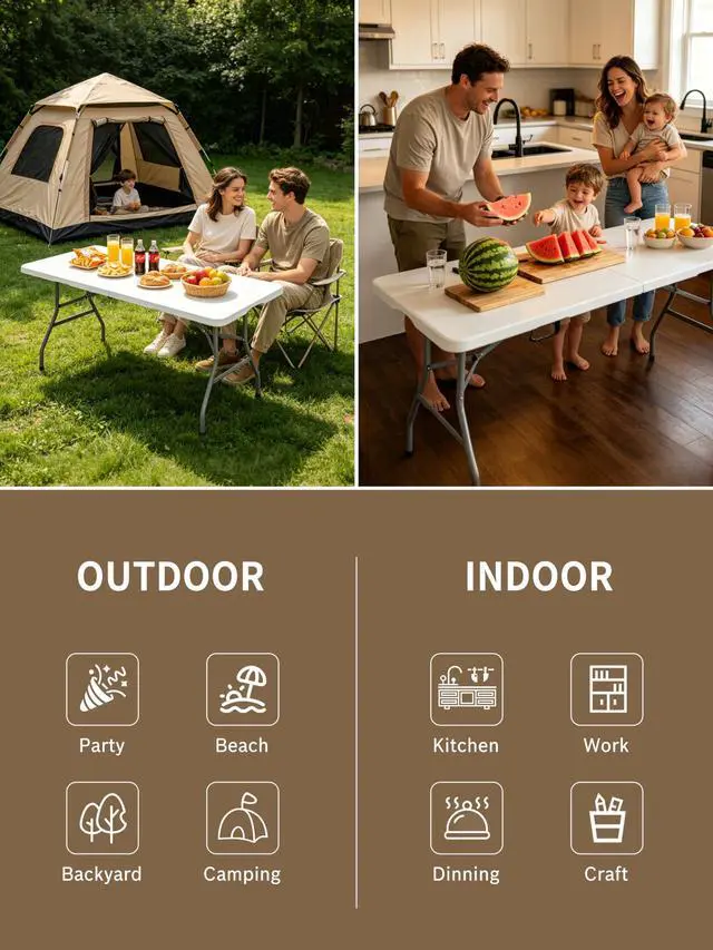 Alt view image 5 of 7 - CHRONELLE 6FT Folding Camping Table Portable 350lbs, 6 Foot Folding Picnic Card Table for Outdoor, Plastic Rectangular Dining Work Tables for Indoor, Heavy Duty Fold-in-Half Tray Tables, 71x29 inch