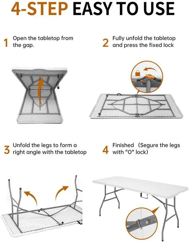 Alt view image 6 of 7 - CHRONELLE 6FT Folding Camping Table Portable 350lbs, 6 Foot Folding Picnic Card Table for Outdoor, Plastic Rectangular Dining Work Tables for Indoor, Heavy Duty Fold-in-Half Tray Tables, 71x29 inch