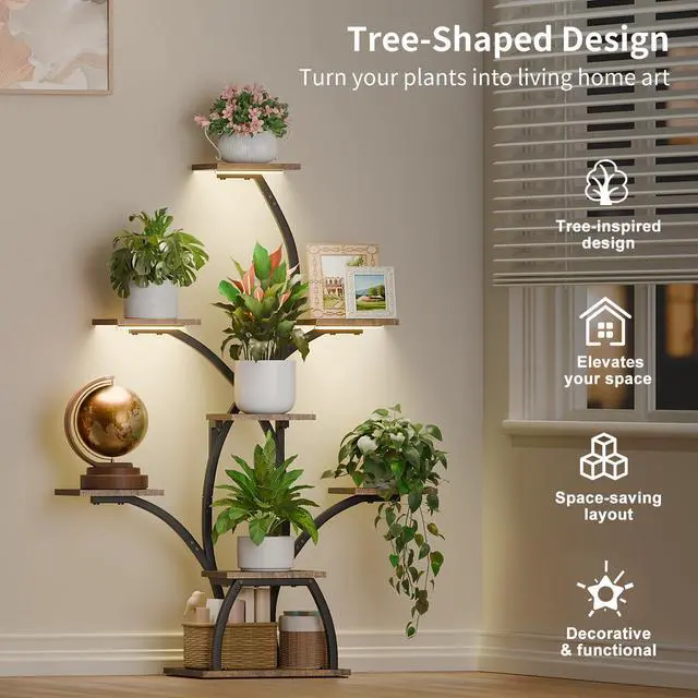 Alt view image 3 of 7 - CODACE Plant Stand Indoor with Grow Lights, 6 Tiered Plant Shelf Indoor, 50" Corner Plant Stands for Indoor Plants, Lighted Tree-Shaped Plant Holder, Tall Flower Display Rack for Living Room