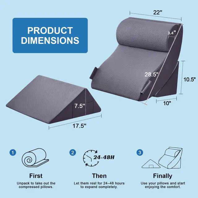 Alt view image 2 of 7 - Paxato 4PCS Bed Wedge Pillow Set for After Surgery, Orthopedic Wedge Pillows for Sleeping, Back, Neck and Leg Pain Relief, Adjustable Memory Foam Support Pillows for Acid Reflux, GERD & Snoring, Grey