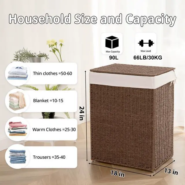 Alt view image 2 of 7 - OIAHOMY Laundry Hamper with Lid, 90L(23.8 Gal) Large Wicker Laundry Basket for Bedroom, Handwoven Paper Rope Clothes Hamper with Washable Liner & Metal Frame, Decorative Organizer for Bathroom Brown