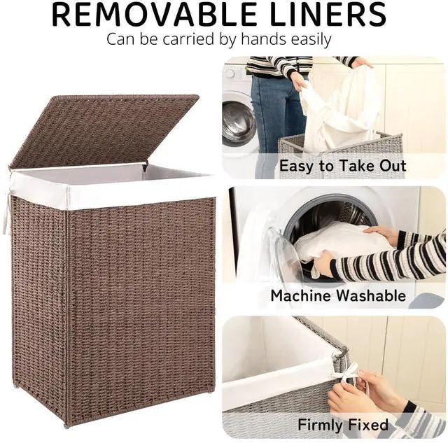 Alt view image 3 of 7 - OIAHOMY Laundry Hamper with Lid, 90L(23.8 Gal) Large Wicker Laundry Basket for Bedroom, Handwoven Paper Rope Clothes Hamper with Washable Liner & Metal Frame, Decorative Organizer for Bathroom Brown