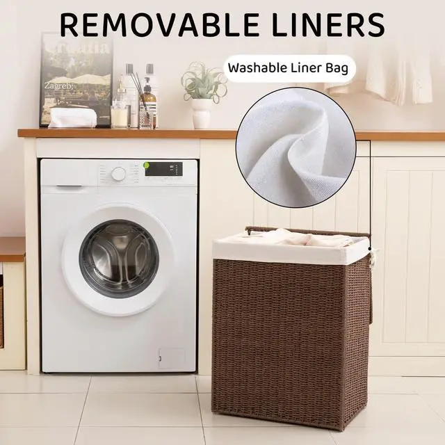 Alt view image 6 of 7 - OIAHOMY Laundry Hamper with Lid, 90L(23.8 Gal) Large Wicker Laundry Basket for Bedroom, Handwoven Paper Rope Clothes Hamper with Washable Liner & Metal Frame, Decorative Organizer for Bathroom Brown