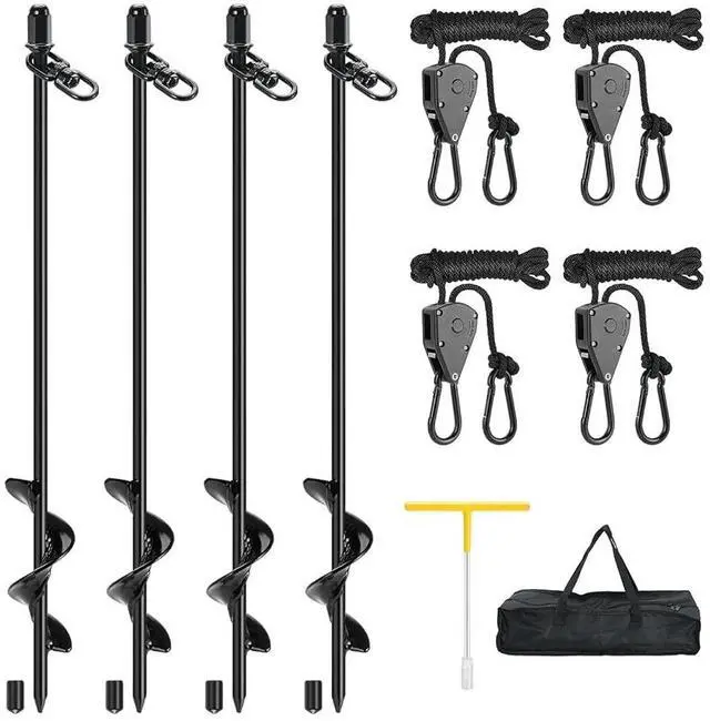Main image of Fuuner 4 Pack Screw-in Tent Stakes, 17.7" Heavy Duty Spiral Ground Anchors (8mm Solid Steel, 1.5" Helix) w/ 4×8ft Ratchet Guy Lines, M12 Wrench & Bag for Camping Tents, Canopies, Tarps, Beach Sand