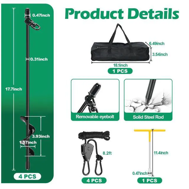 Alt view image 2 of 7 - Fuuner 4 Pack Screw-in Tent Stakes, 17.7" Heavy Duty Spiral Ground Anchors (8mm Solid Steel, 1.5" Helix) w/ 4×8ft Ratchet Guy Lines, M12 Wrench & Bag for Camping Tents, Canopies, Tarps, Beach Sand