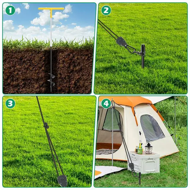 Alt view image 7 of 7 - Fuuner 4 Pack Screw-in Tent Stakes, 17.7" Heavy Duty Spiral Ground Anchors (8mm Solid Steel, 1.5" Helix) w/ 4×8ft Ratchet Guy Lines, M12 Wrench & Bag for Camping Tents, Canopies, Tarps, Beach Sand