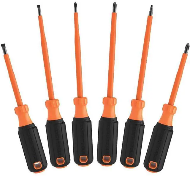 Main image of Klein Tools 85076INS Insulated Screwdriver Set, Made in USA, features 1000V Electricial Screwdrivers, (3) Phillips and (2) Slotted and Square Tips, 6-Piece