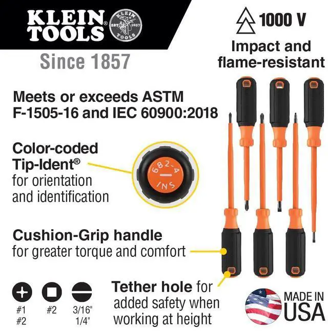 Alt view image 2 of 7 - Klein Tools 85076INS Insulated Screwdriver Set, Made in USA, features 1000V Electricial Screwdrivers, (3) Phillips and (2) Slotted and Square Tips, 6-Piece