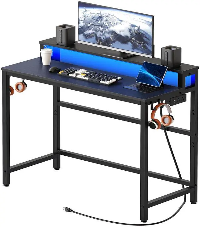 Main image of YATINEY Small Computer Desk with Charging Station and LED Lights, Gaming Desk with Monitor Stand, 2-Tier Home Office Desk with 4 Side Hooks, for Living Room, Home Office, Black DN01UDBBY2