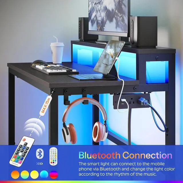 Alt view image 5 of 7 - YATINEY Small Computer Desk with Charging Station and LED Lights, Gaming Desk with Monitor Stand, 2-Tier Home Office Desk with 4 Side Hooks, for Living Room, Home Office, Black DN01UDBBY2