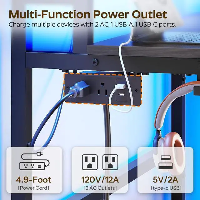 Alt view image 4 of 7 - YATINEY Small Computer Desk with Charging Station and LED Lights, Gaming Desk with Monitor Stand, 2-Tier Home Office Desk with 4 Side Hooks, for Living Room, Home Office, Black DN01UDBBY2