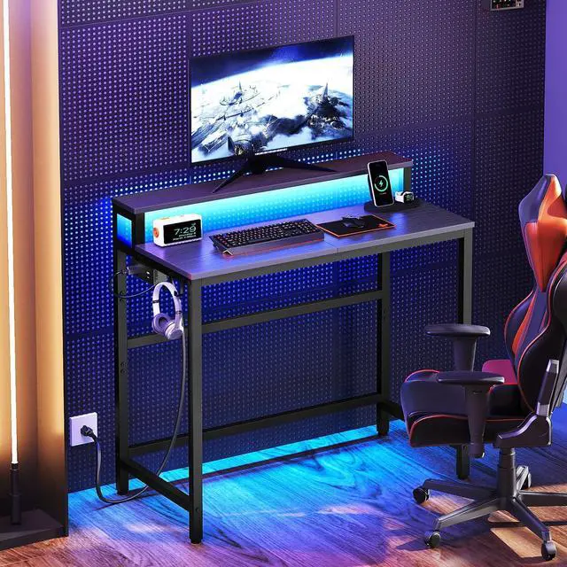 Alt view image 2 of 7 - YATINEY Small Computer Desk with Charging Station and LED Lights, Gaming Desk with Monitor Stand, 2-Tier Home Office Desk with 4 Side Hooks, for Living Room, Home Office, Black DN01UDBBY2