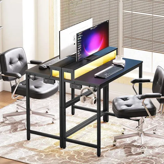 Alt view image 3 of 7 - YATINEY Small Computer Desk with Charging Station and LED Lights, Gaming Desk with Monitor Stand, 2-Tier Home Office Desk with 4 Side Hooks, for Living Room, Home Office, Black DN01UDBBY2