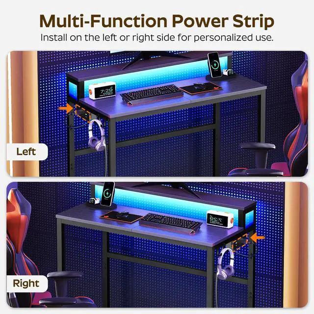 Alt view image 6 of 7 - YATINEY Small Computer Desk with Charging Station and LED Lights, Gaming Desk with Monitor Stand, 2-Tier Home Office Desk with 4 Side Hooks, for Living Room, Home Office, Black DN01UDBBY2