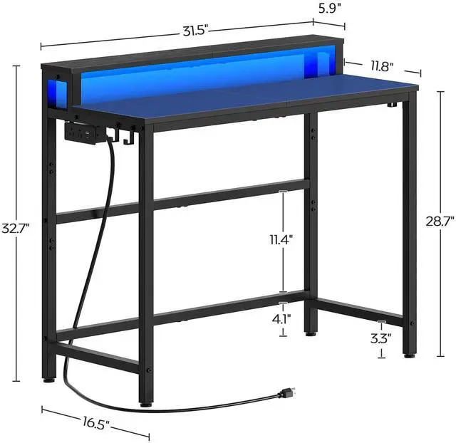Alt view image 7 of 7 - YATINEY Small Computer Desk with Charging Station and LED Lights, Gaming Desk with Monitor Stand, 2-Tier Home Office Desk with 4 Side Hooks, for Living Room, Home Office, Black DN01UDBBY2