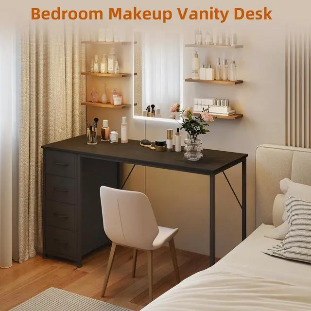 Alt view image 2 of 7 - Somdot 47" Computer Desk with 4 Drawers for Bedroom,Simple Home Office Writing Desk,Gaming Table with Storage,Modern Work for Home Office, Study, Living Room,Black