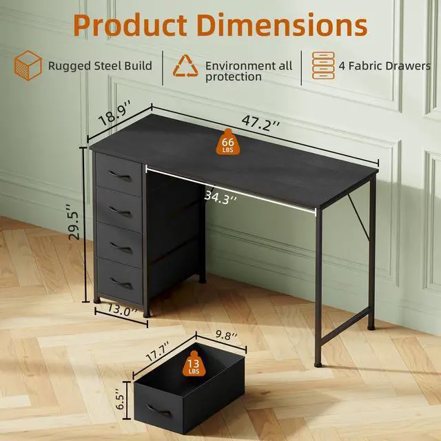 Alt view image 3 of 7 - Somdot 47" Computer Desk with 4 Drawers for Bedroom,Simple Home Office Writing Desk,Gaming Table with Storage,Modern Work for Home Office, Study, Living Room,Black