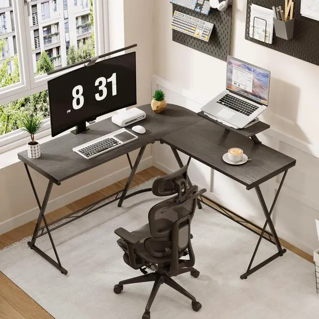Main image of COTUBLR Corner Side L Shaped Table, Home Office Computer Desk with Small Desktop Shelf, Study Writing Desk with Round Fillet Edge, Desks for SOHO, Gaming Workstation with Monitor Stand