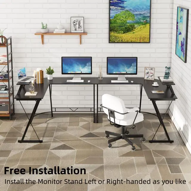 Alt view image 3 of 7 - COTUBLR Corner Side L Shaped Table, Home Office Computer Desk with Small Desktop Shelf, Study Writing Desk with Round Fillet Edge, Desks for SOHO, Gaming Workstation with Monitor Stand