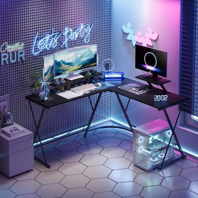 Alt view image 4 of 7 - COTUBLR Corner Side L Shaped Table, Home Office Computer Desk with Small Desktop Shelf, Study Writing Desk with Round Fillet Edge, Desks for SOHO, Gaming Workstation with Monitor Stand