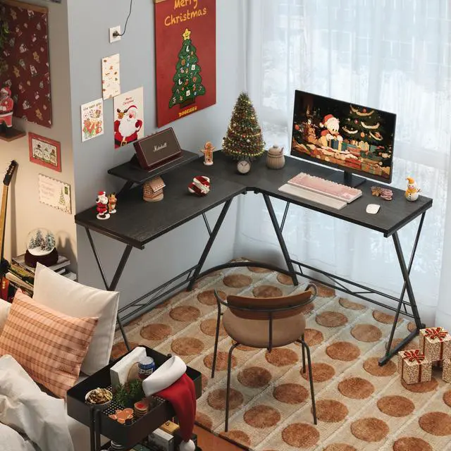 Alt view image 6 of 7 - COTUBLR Corner Side L Shaped Table, Home Office Computer Desk with Small Desktop Shelf, Study Writing Desk with Round Fillet Edge, Desks for SOHO, Gaming Workstation with Monitor Stand