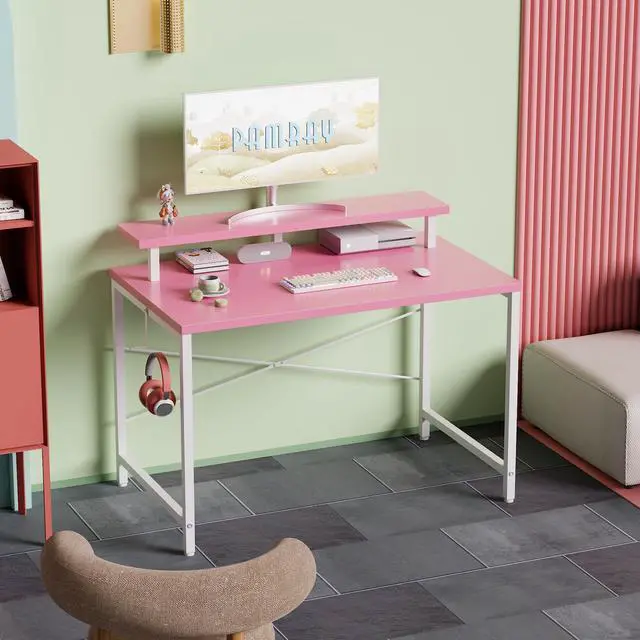 Alt view image 2 of 6 - Pamray 32 Inch Small Computer Desk with Monitor Stand, Simple Office Desk with Headphone Hook for Small Spaces, Kids Study Writing Table for Bedroom, Pink