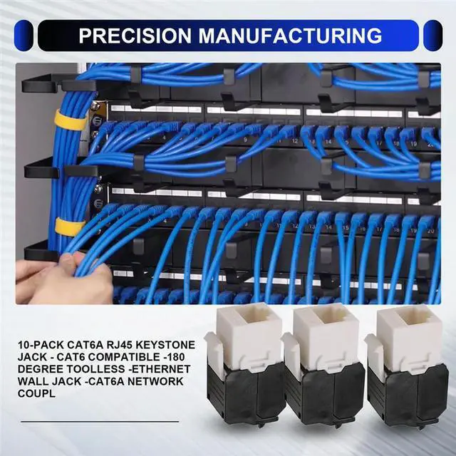 Main image of 10-Pack Cat6a RJ45 Keystone Jack - Cat6 Compatible -180 Degree Toolless -Ethernet Wall Jack -Cat6a Network Coupler