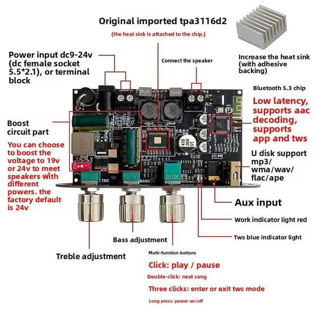 Alt view image 2 of 3 - 100W Mono Bluetooth Amplifier Board with Boost High and Low Tone TWS Outdoor DIY Speaker 1001UTPA3116