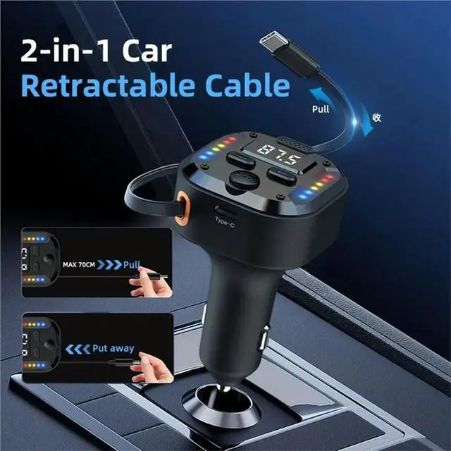 Alt view image 2 of 3 - FM Transmitter Bluetooth 5.3 With Dual Type-C PD30W& QC3.0 Fast Charging Retractable Cable For Phones Handsfree
