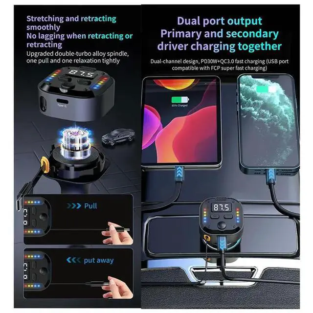 Alt view image 3 of 3 - FM Transmitter Bluetooth 5.3 With Dual Type-C PD30W& QC3.0 Fast Charging Retractable Cable For Phones Handsfree