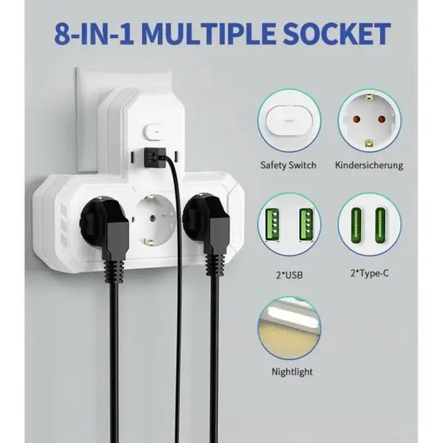 Alt view image 3 of 3 - EU Plug Power Strip Featuring AC Outlets And USB Type-C Charging Port- Multiple Wall Socket Adapter Suitable For Home And Off