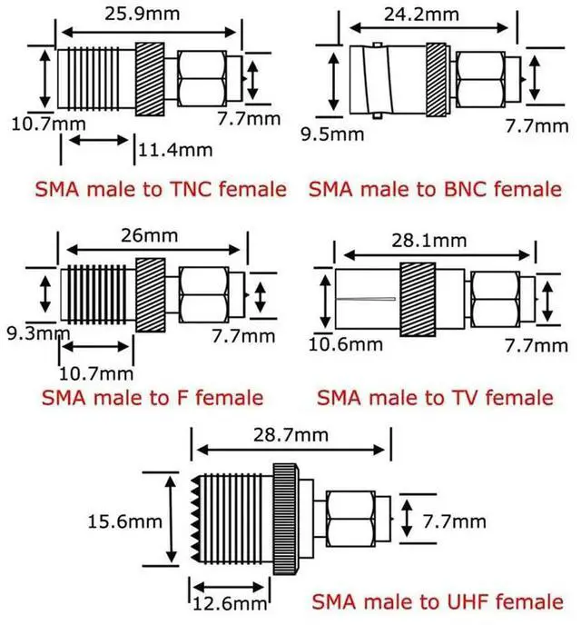 Alt view image 3 of 3 - 2X 10 Type Set SMA Adapter Kits SMA Male To N/F/BNC/UHF/MCX/SMB/TV/TNC Female Straight Nickel Gold Plated Test Converter