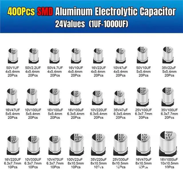 Alt view image 2 of 3 - Aluminum Electrolytic Capacitors SMD 400PCS 24 Values 1Uf-1000Uf Kit Includes Box