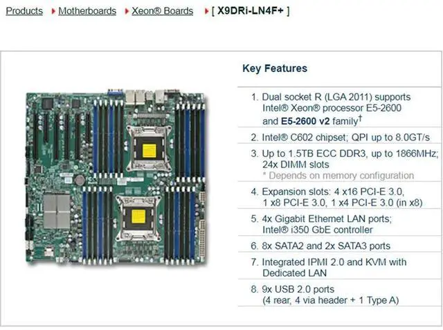 Main image of 2-Way Server E-ATX Motherboard 2011 C602 DDR3 Xeon Processor E5-2600 E5-2600 v2 Family X9DRi-LN4F+
