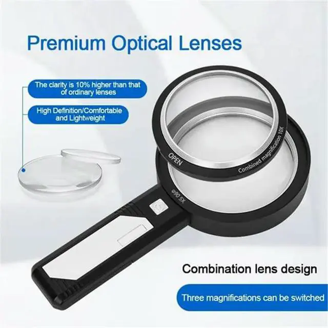 Alt view image 2 of 3 - LED Light Rechargeable Handheld Magnifier 5X Main Lens+ 10X Auxiliary Lens Antique Appraisal Collectible Reading Tool