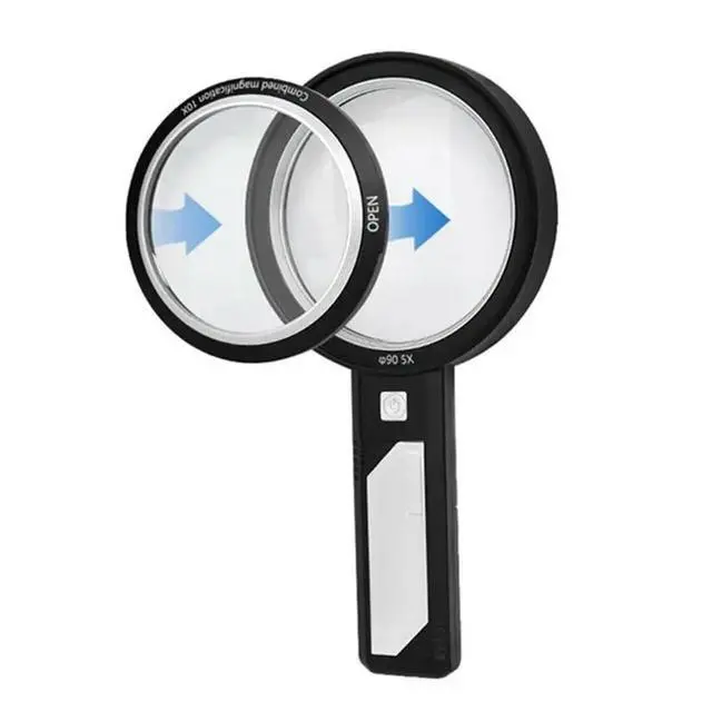 Alt view image 3 of 3 - LED Light Rechargeable Handheld Magnifier 5X Main Lens+ 10X Auxiliary Lens Antique Appraisal Collectible Reading Tool