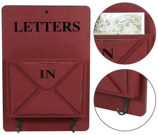 Main image of Wooden Mail Box Letter Rack Wall Mounted Mail Sorter Box Key Hooks Standing Holder